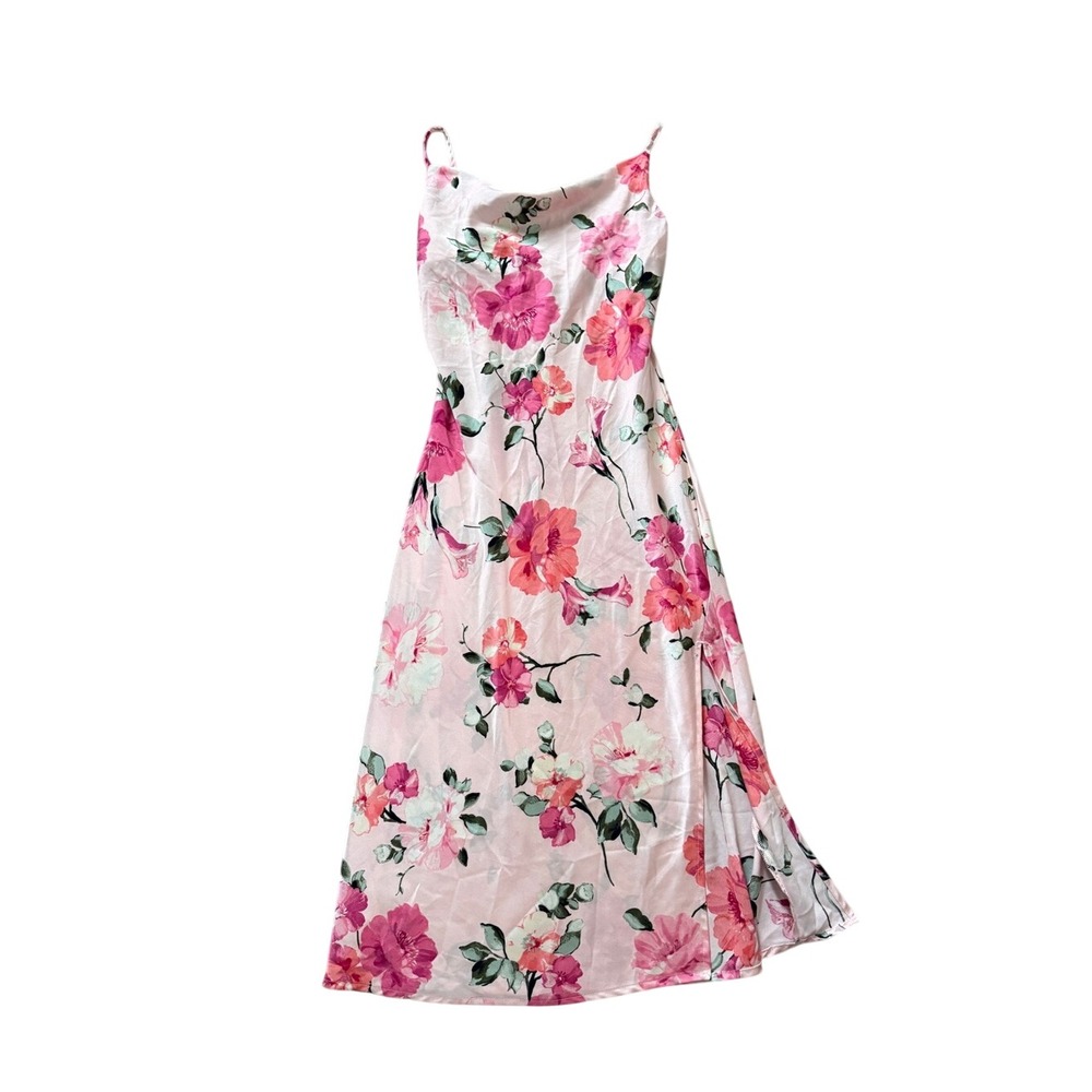 Pink Floral Satin Cowl Neck Slip Midi Dress with Side Slit S Wedding Guest